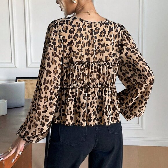 Multicolor Casual Women's Front Tie Long Sleeve Leopard Print Shirt - Picture 2 of 7